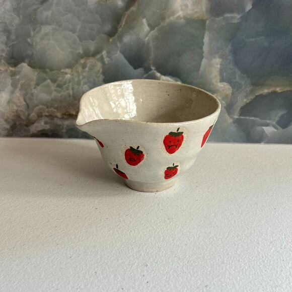 Studio Art Pottery Ceramic Matcha Bowl Hand Painted Strawberries Unique Gray - Picture 1 of 10